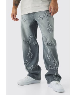 Baggy Rigid Washed Grey Cross Applique Jeans