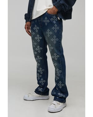 Stacked Flared Cross Rhinestone Embellished Denim Jeans