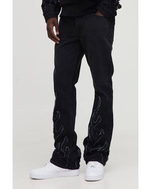 Flame Applique Stacked Slim Fit Flared Jeans