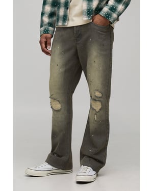 Slim Flared Knee Rip and Repair Paint Splatter Jeans