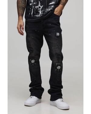 Skinny Stacked Flared Rip and Repair Bandana Paint Splatter Jeans