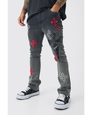 Skinny Stretch Flare Cross Applique Jeans