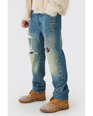 Relaxed Rigid Flared Rhinestone Embellished Ripped Jeans