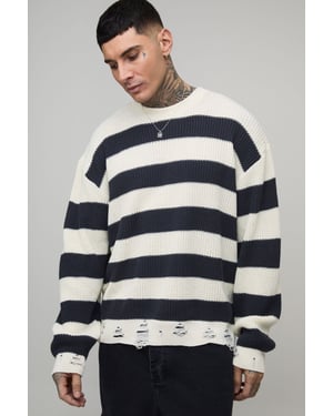 Tall Boxy Distressed Striped Knitted Jumper
