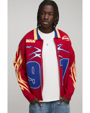 Oversized Boxy Moto Varsity Knitted Harrington Jacket