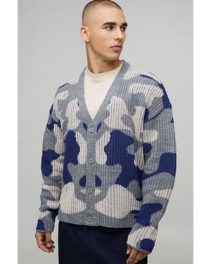 Oversized Boxy Ribbed Camo Knitted Cardigan