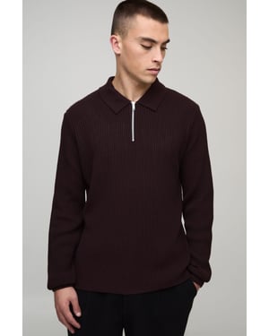 Regular Fit 1/4 Zip Rib Long Sleeve Knitted Polo