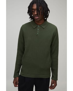 Regular Fit Button Neck Waffle Long Sleeve Knitted Polo