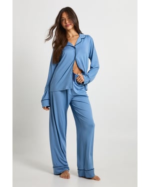 Jersey Piping Detail Long Sleeve Shirt & Trouser Pyjama Set