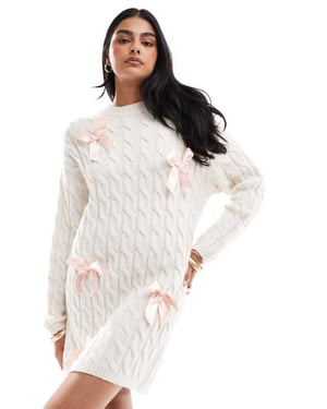 Miss Selfridge satin bow detail knitted mini dress in oatmeal