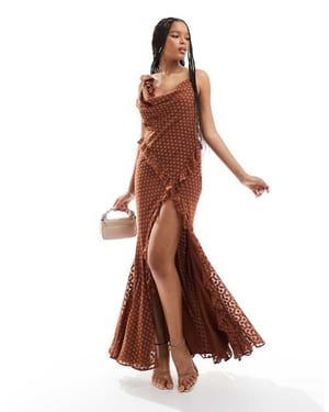ASOS DESIGN cowl neck bias maxi dress with frills in spot jacquard