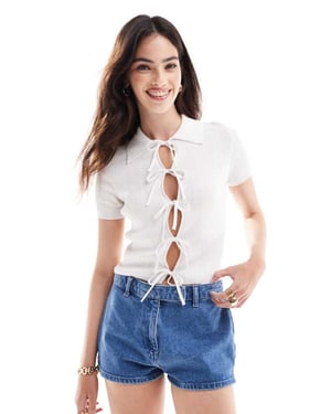 ASOS DESIGN stickad cardigan med knyt framtill och krage i vitt