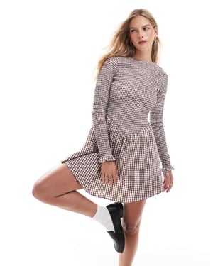 ASOS DESIGN shirred long sleeve mini dress in brown gingham