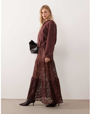 ASOS DESIGN lace tiered maxi skirt in chocolate
