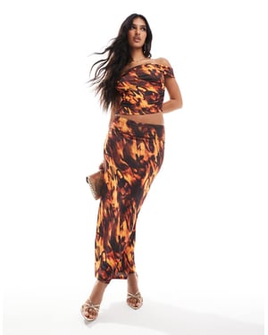 ASOS DESIGN co-ord double layer slinky maxi skirt in orange print