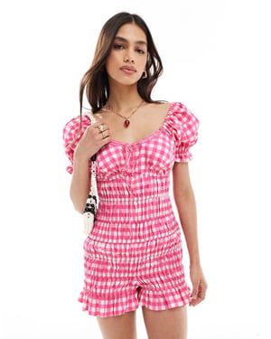 ASOS DESIGN elasticated channel lace trim bow playsuit in pink gingham