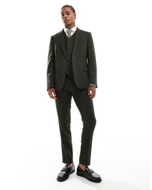 ASOS DESIGN new skinny suit trousers in wool blend olive green herringbone