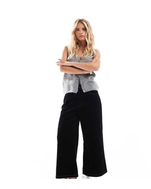 ASOS DESIGN Petite cord cropped wide leg trouser with contrast stitch in black