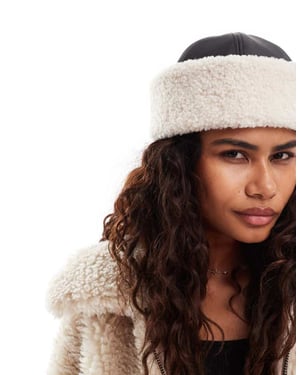 Weekday faux leather hat with borg trim in black