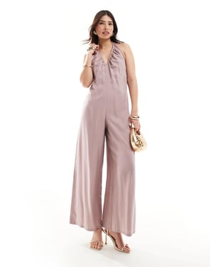 ASOS DESIGN djupt v-ringad halterneck jumpsuit i mauve