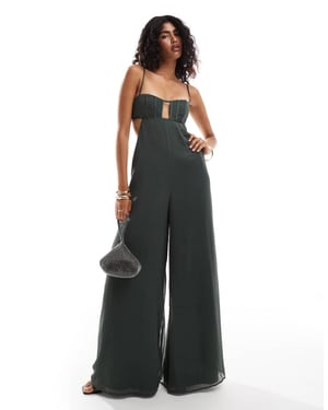 ASOS DESIGN satinkorsett med detaljer, urtagna i vida chiffonjumpsuit i grön