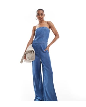 ONLY Tall bandeau vid ben denim jumpsuit i medtvätt