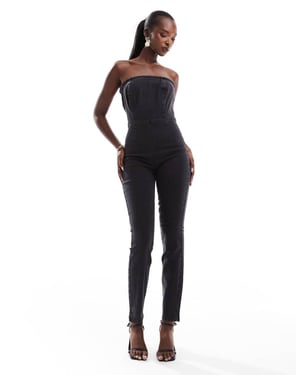 ASOS DESIGN denim bandeau bodycon jumpsuit i tvättad svart