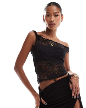 ASOS DESIGN twist off shoulder asymmetric top in black lace