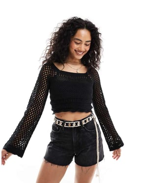 Miss Selfridge crochet square neck top in black