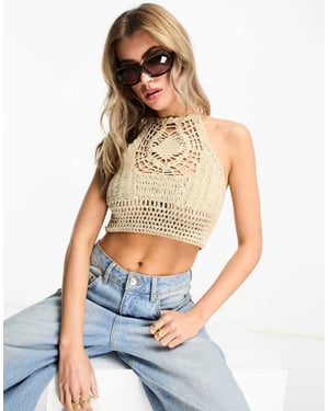 ASOS DESIGN virkade halterneck topp med öppen frontpanel i kamel