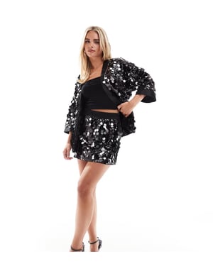 ASOS DESIGN Petite disco paljett skräddarsydd minikjol set i svart - SILVER