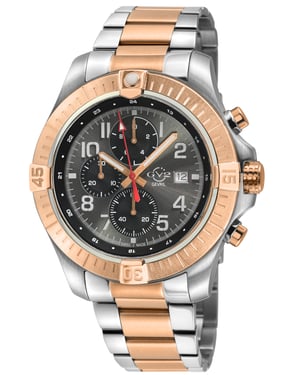 GV2 Men's T38 Swiss Quartz Chrono Enamel Gray Dial with White print 3 Black sub dial 316L IPRG Stainless Steel Bracelet Watch