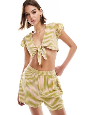 Noisy May linen mix tie front top co-ord in yellow stripe
