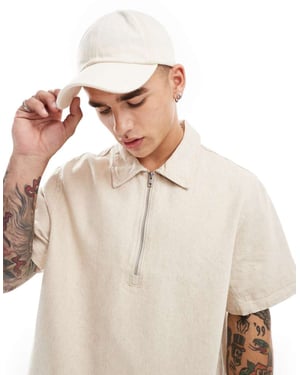 Weekday Dejan tungviktslinne kortärmad polo zip-skjorta i beige