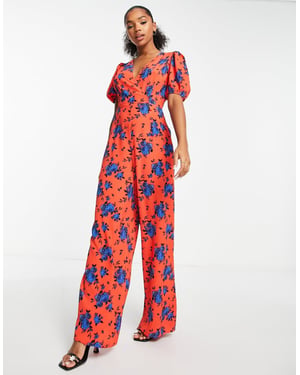 ASOS DESIGN bubbelflanell V-ringad jumpsuit med puffärmar i blommönster
