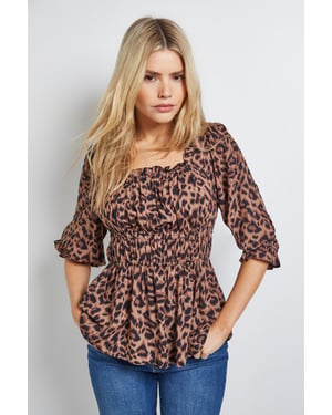 Leopard Square Neck Blouson Sleeve Top