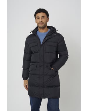 Black Longline Hooded Padded Jacket With Patch Pockets