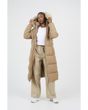 Tan Maxi Hooded Padded Jacket With Detachable Faux Fur Trim