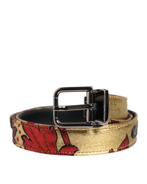 Dolce & Gabbana Gul Blommig Jacquard Silver Metallspänne Bälte