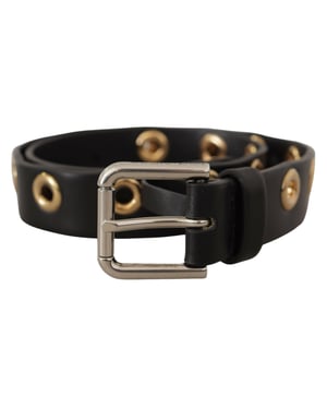 Dolce & Gabbana Black Leather Eyelet Silver Tone Metal Buckle Belt