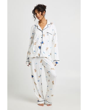 Puppy Bow Print Long Sleeve Shirt & Trouser 3 Piece Pyjama Set