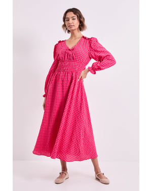 Shirred Waist Tie Detail Gingham Midaxi Dress