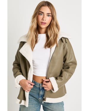 Teddy Trim Bonded Faux Leather Aviator Jacket