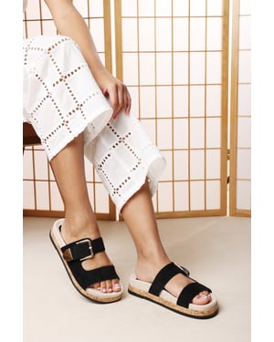 Where's That From Women Avenue Buckle Footbed Black Suede Sandal