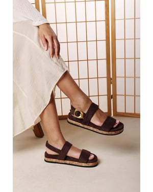 Where's That From Women Banyan Double Strap Flatform Dark Brown Suede Sandal