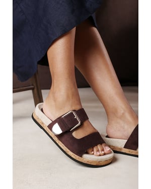 Where's That From Women Avenue Buckle Footbed Dark Brown Suede Sandal
