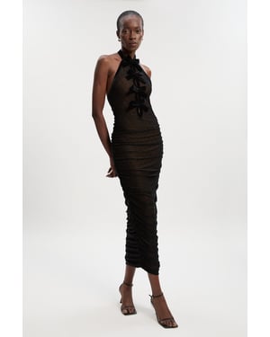 Mesh With Velvet Bow Trim Detail Halter Neck Midi Dress