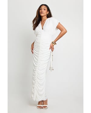 Maternity Double Layer Ruched Plunge Batwing Maxi Dress