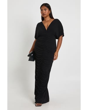 Plus Double Layer Ruched Plunge Batwing Maxi Dress