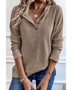 Pale Khaki Rib Textured Henley Knit Top